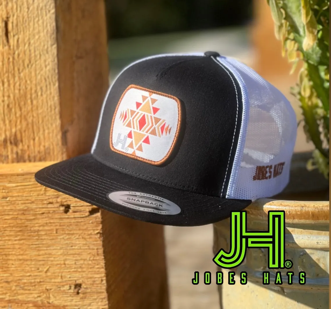 New 2022 Jobes Trucker Cap- Black/White Rust Aztec Patch