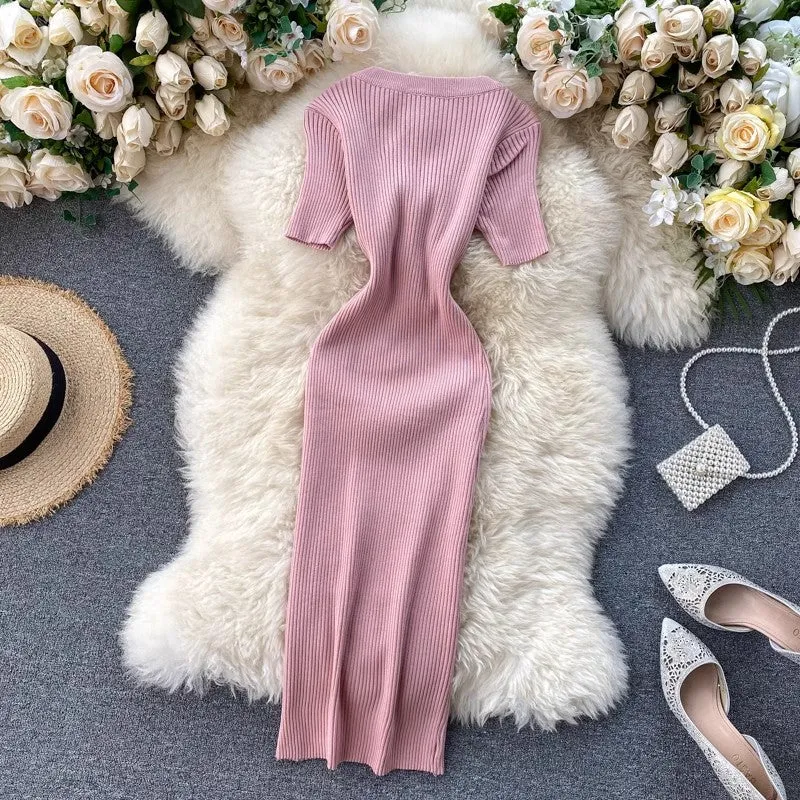 new popular women's simple solid color short-sleeved knitted dress     S4660