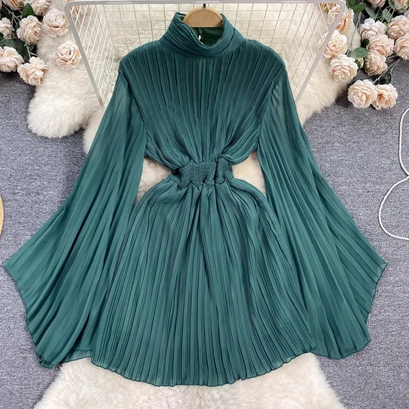 pleated bell-sleeved high-neck dress for women chiffon skirt      S4489