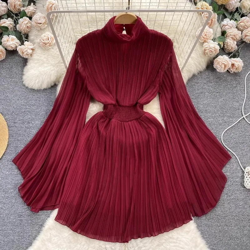 pleated bell-sleeved high-neck dress for women chiffon skirt      S4489