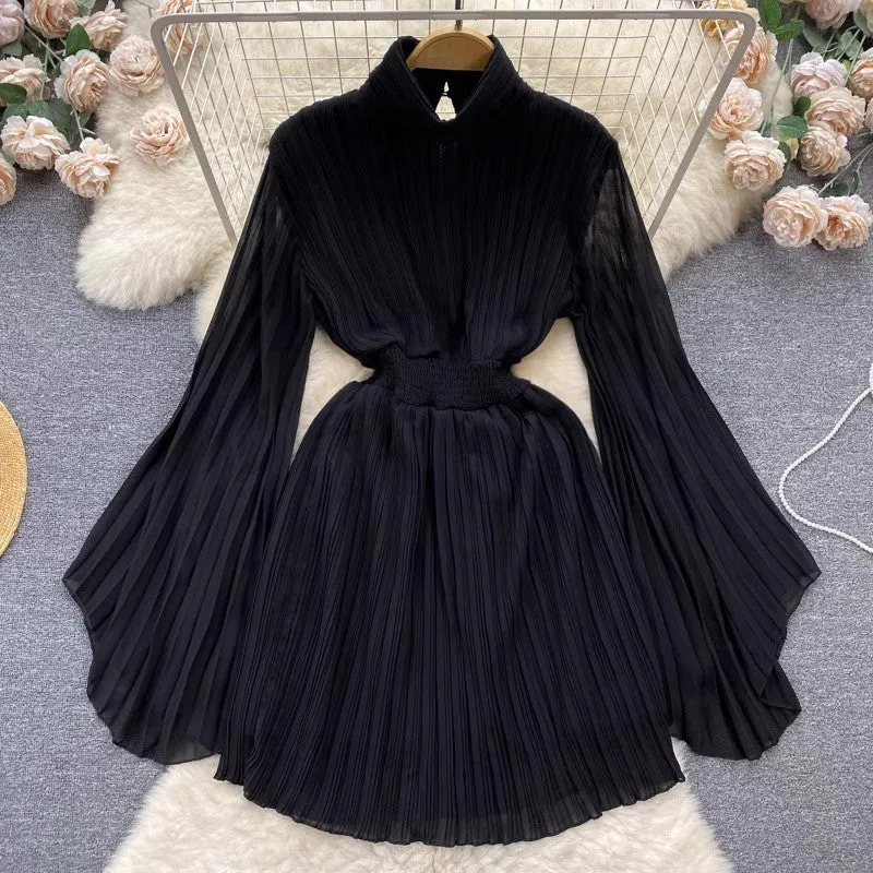 pleated bell-sleeved high-neck dress for women chiffon skirt      S4489