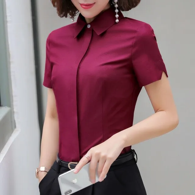 Professional Business Women Cotton Short Sleeve Slim Shirt