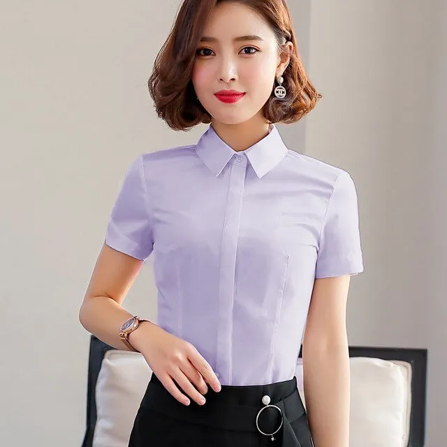 Professional Business Women Cotton Short Sleeve Slim Shirt