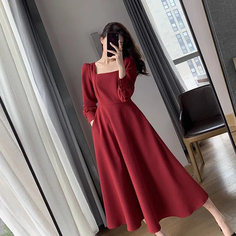 Red Dress Women's Square Neck French Style Dress      S3454