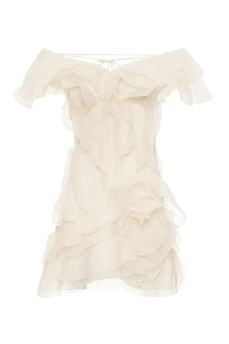 Romantic Plunge Off Shoulder Ruffle Rosette Tiered Party Micro Mini Dress