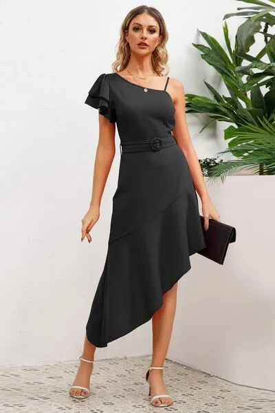 Ruffled Asymmetrical Neck Flutter Sleeve Dress