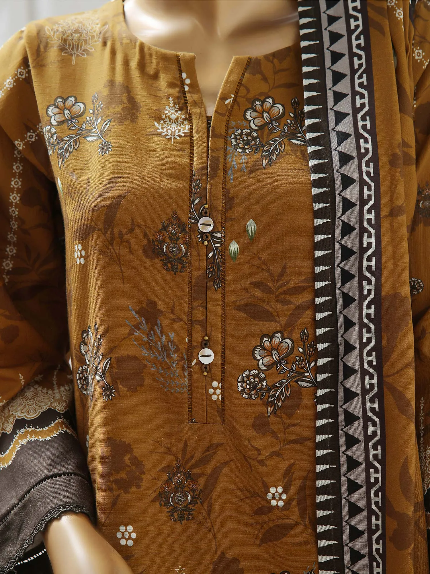 Sadabahar Printed Winter Khaddar 3-Piece Suit - Mustard