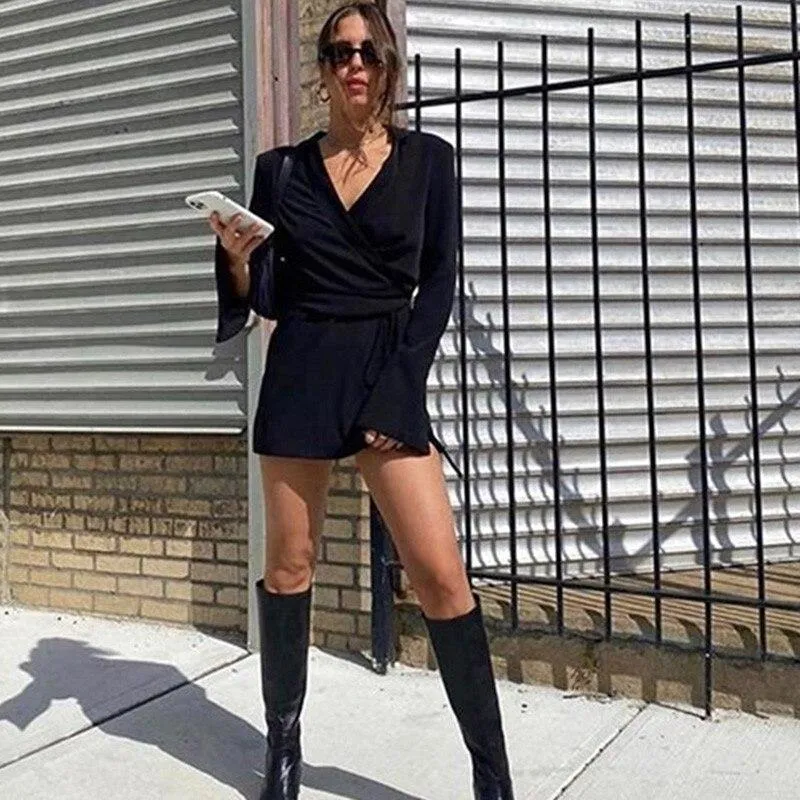 Satin Shirt Dress Black Deep V Long Sleeve Tie up Short Dresses