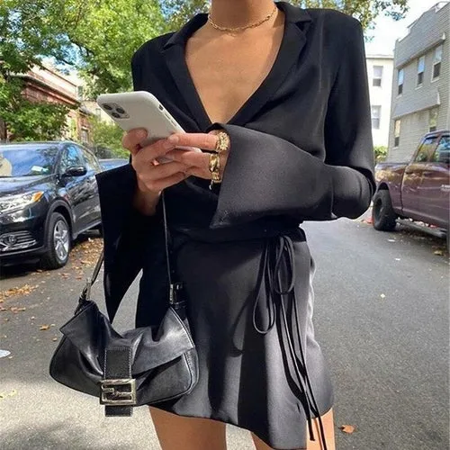 Satin Shirt Dress Black Deep V Long Sleeve Tie up Short Dresses