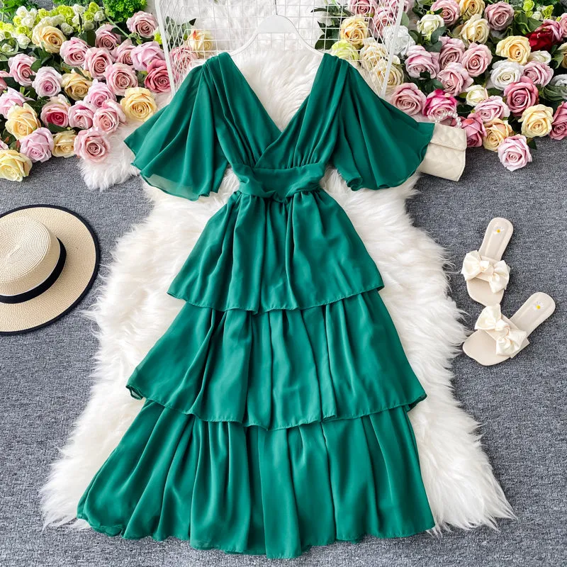 Sexy V-neck Backless Ruffle Dress     S4452