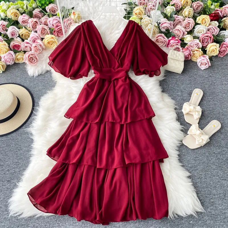 Sexy V-neck Backless Ruffle Dress     S4452