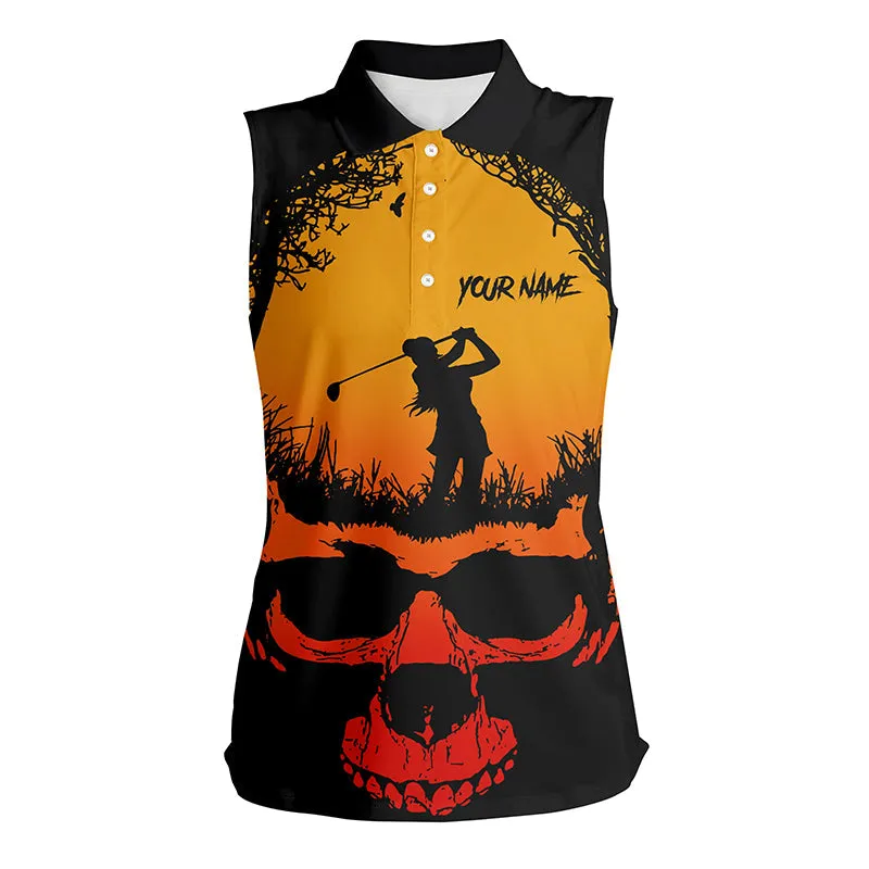 Skull Playing Golf Halloween Sleeveless Polo Shirts Orange Scary Golf Shirts For Women Golf Gifts