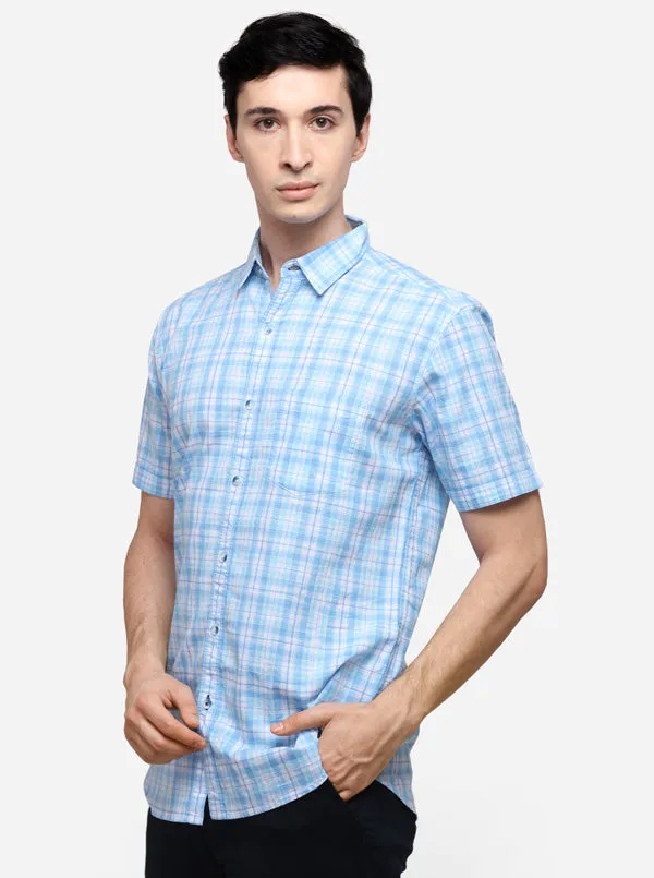 Sky Blue & White Slim Fit Checked Casual Shirt | JadeBlue