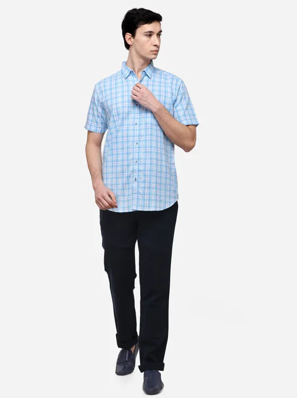 Sky Blue & White Slim Fit Checked Casual Shirt | JadeBlue