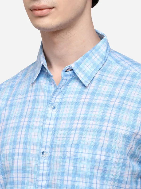 Sky Blue & White Slim Fit Checked Casual Shirt | JadeBlue