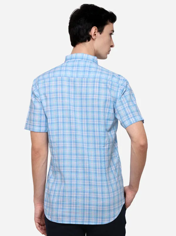 Sky Blue & White Slim Fit Checked Casual Shirt | JadeBlue