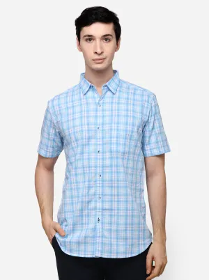 Sky Blue & White Slim Fit Checked Casual Shirt | JadeBlue