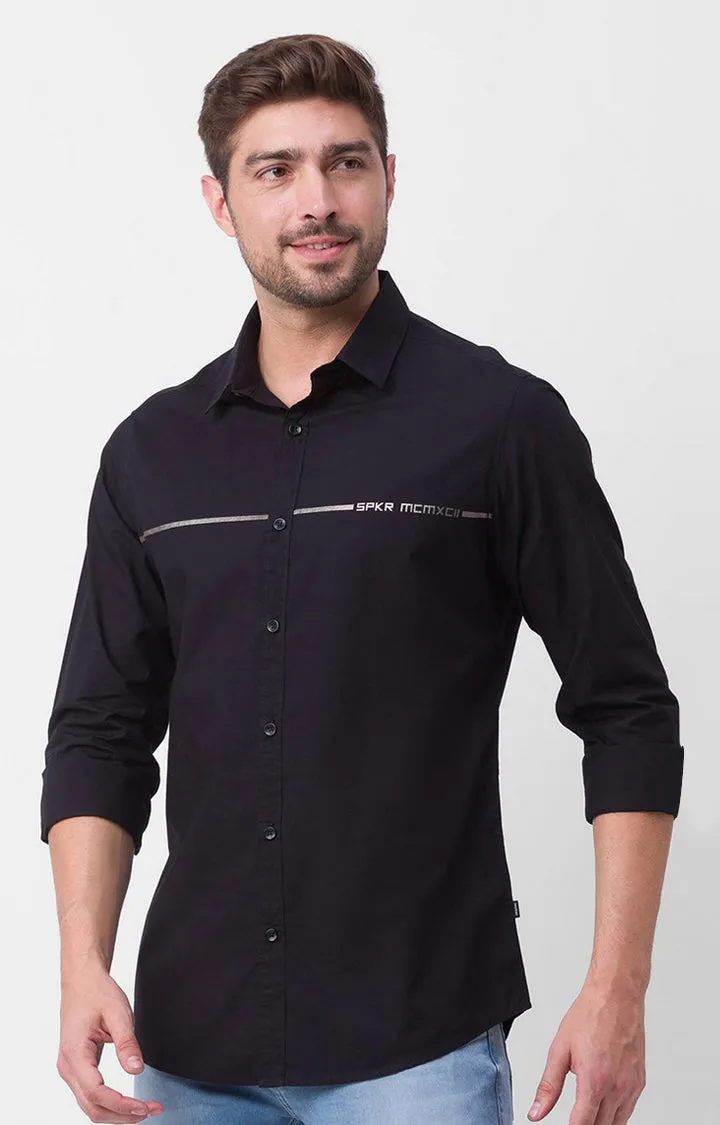 Spykar Black Cotton Full Sleeve Plain Shirt For Men