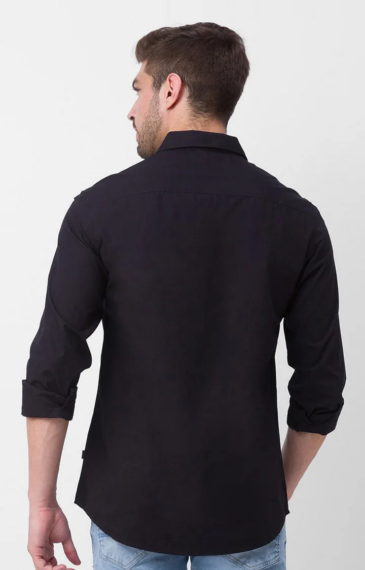 Spykar Black Cotton Full Sleeve Plain Shirt For Men