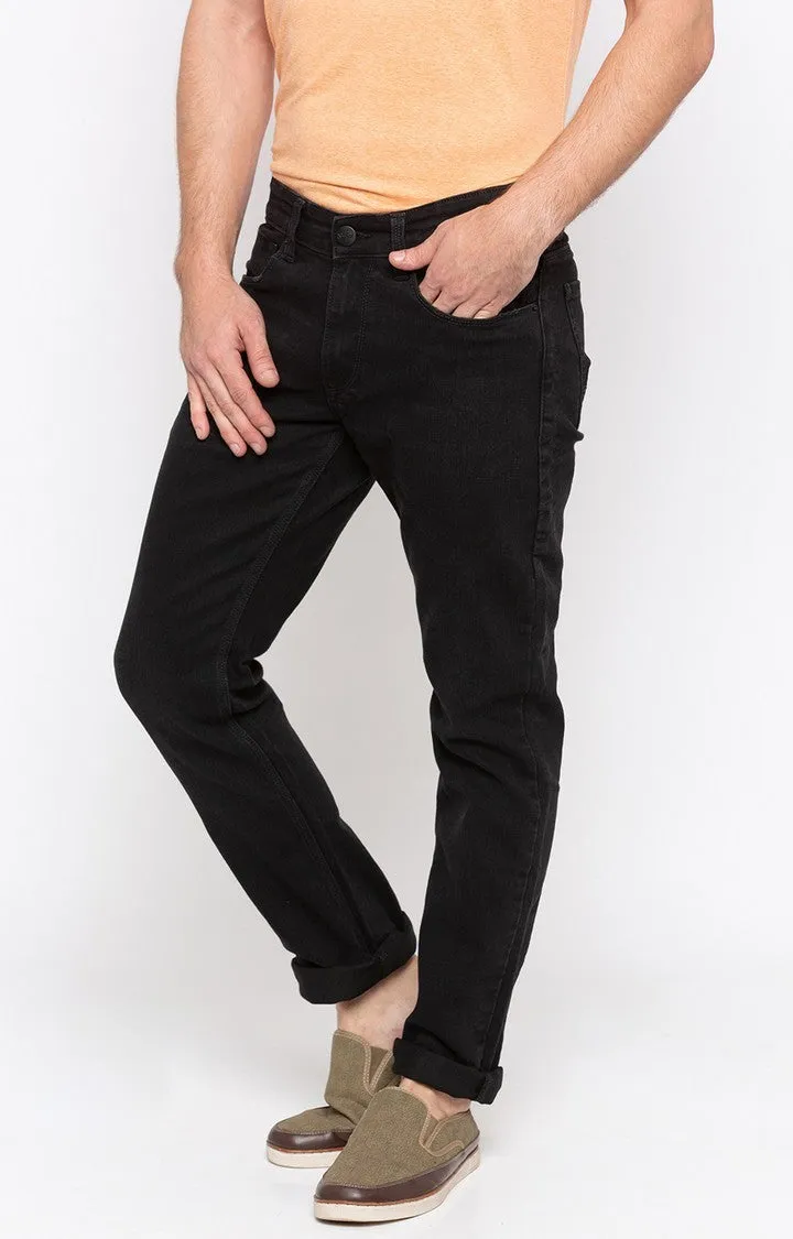 Spykar Black Cotton Regular Fit Narrow Regular Length Jeans For Men