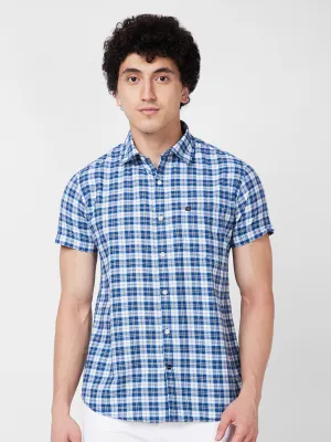 Spykar Blue CHECKED HALF SLEEVE Shirt For Men