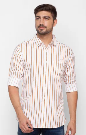 Spykar Flame Orange Cotton Full Sleeve Stripes Shirt For Men