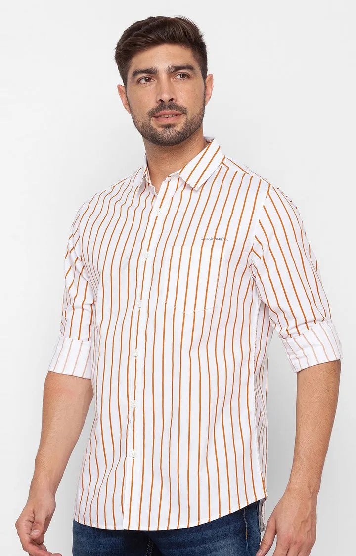 Spykar Flame Orange Cotton Full Sleeve Stripes Shirt For Men