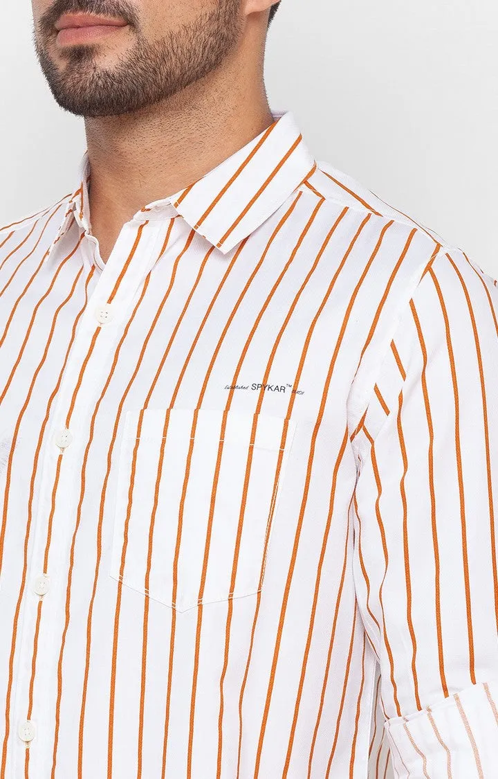 Spykar Flame Orange Cotton Full Sleeve Stripes Shirt For Men