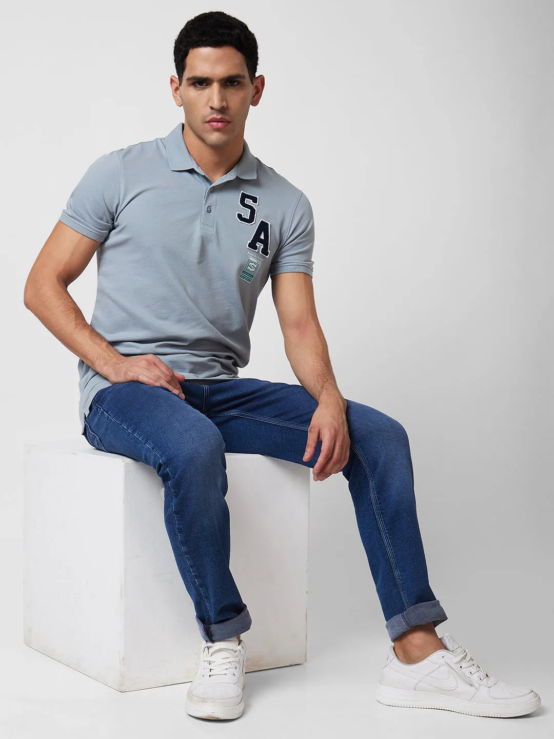 Spykar Grey Slim Half Sleeve Polo Neck T-Shirts For Men