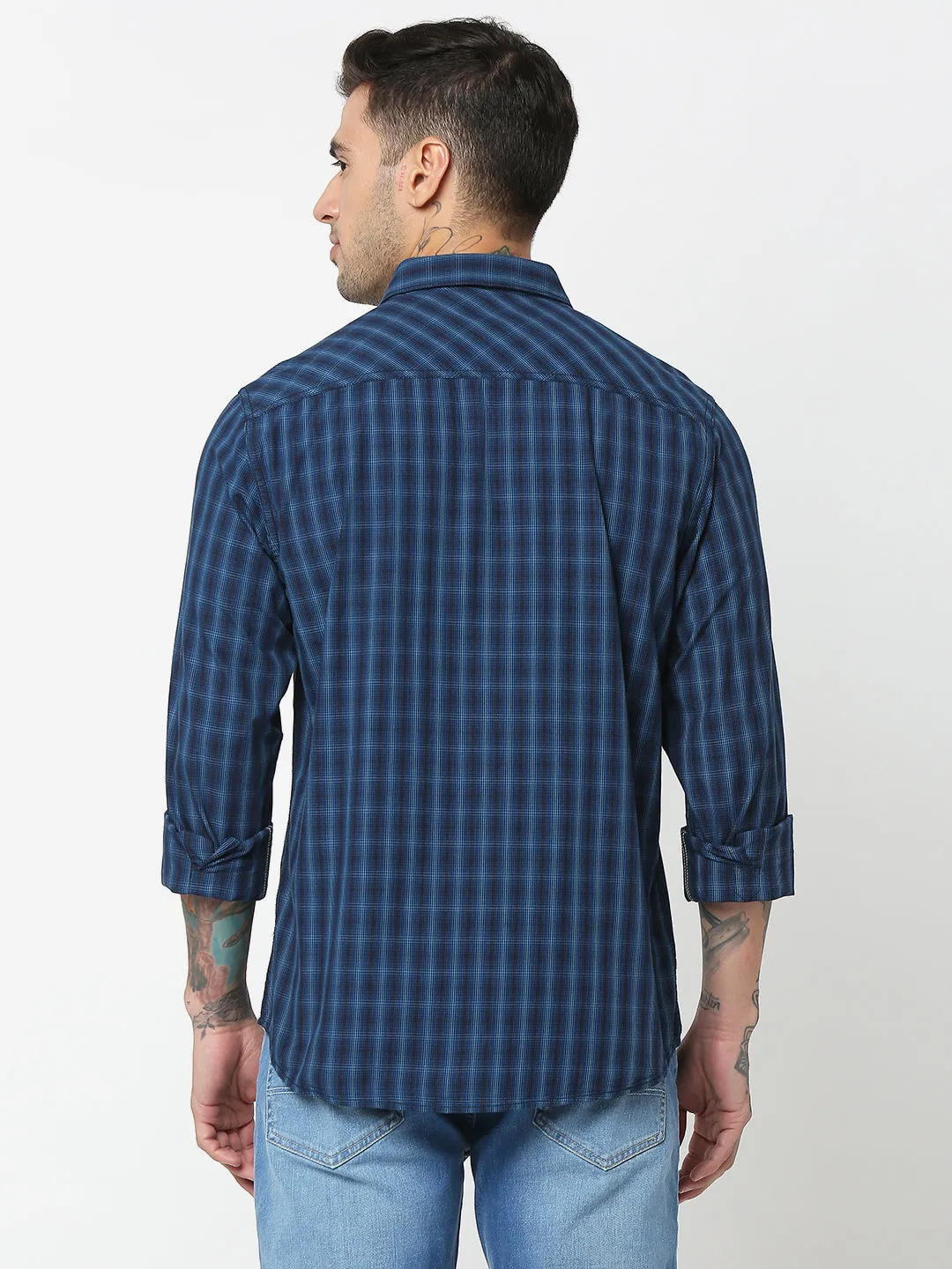 Spykar Men Black & Light Blue Cotton Slim Fit Checkered Shirts