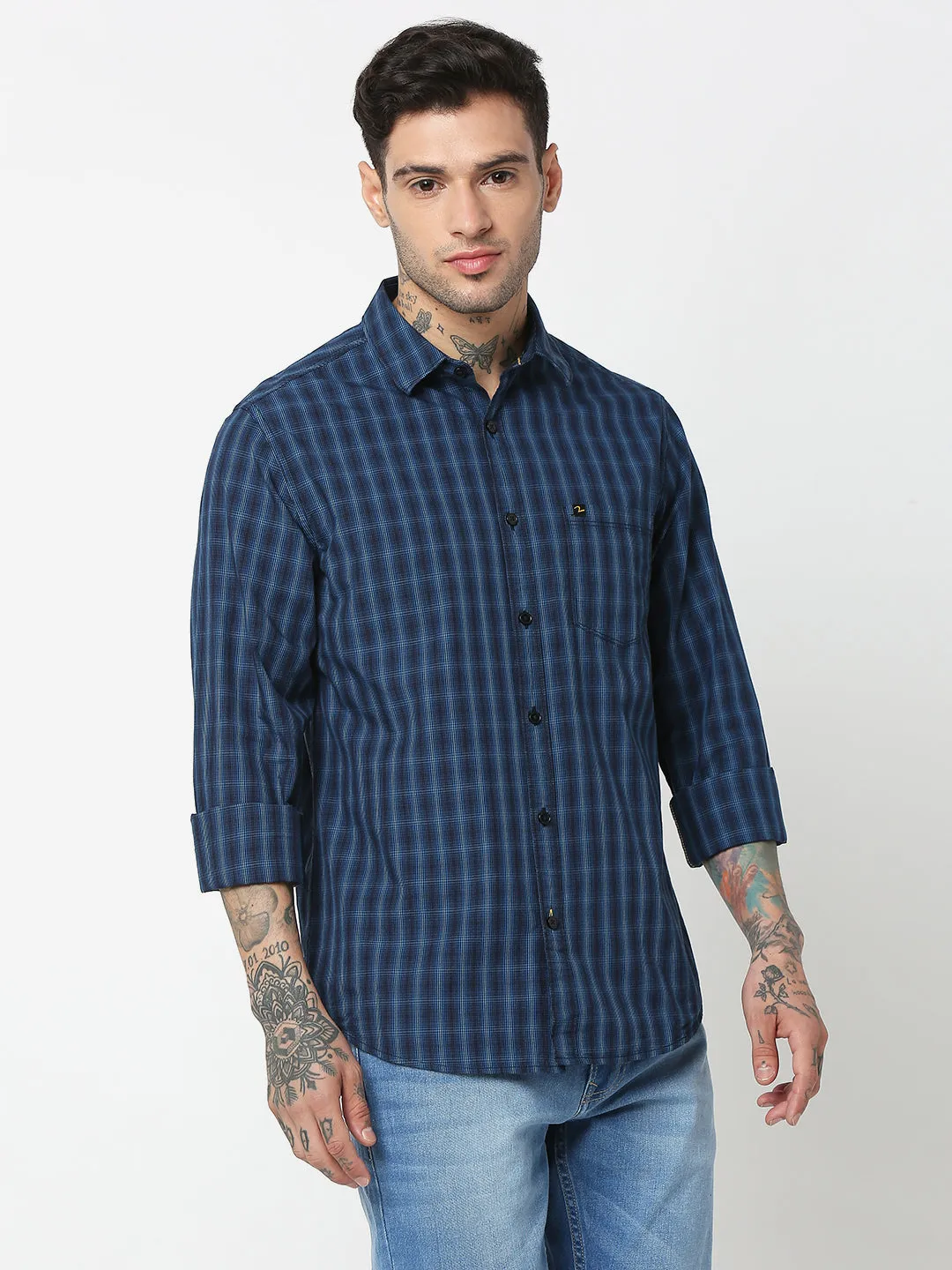 Spykar Men Black & Light Blue Cotton Slim Fit Checkered Shirts