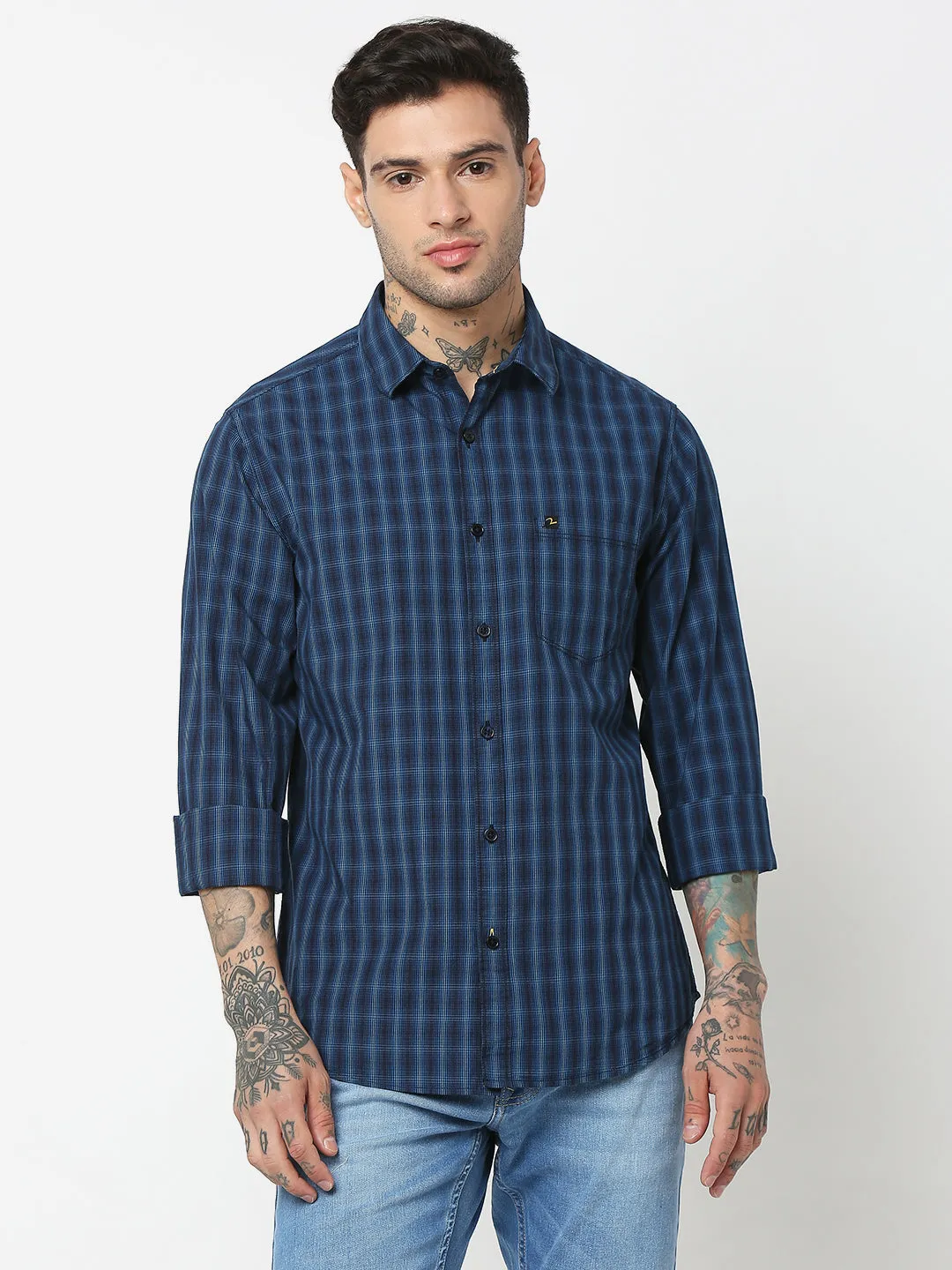 Spykar Men Black & Light Blue Cotton Slim Fit Checkered Shirts