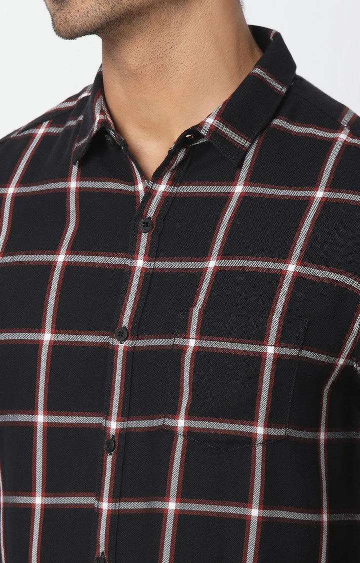 Spykar Men Black Cotton Slim Fit Checkered Shirt