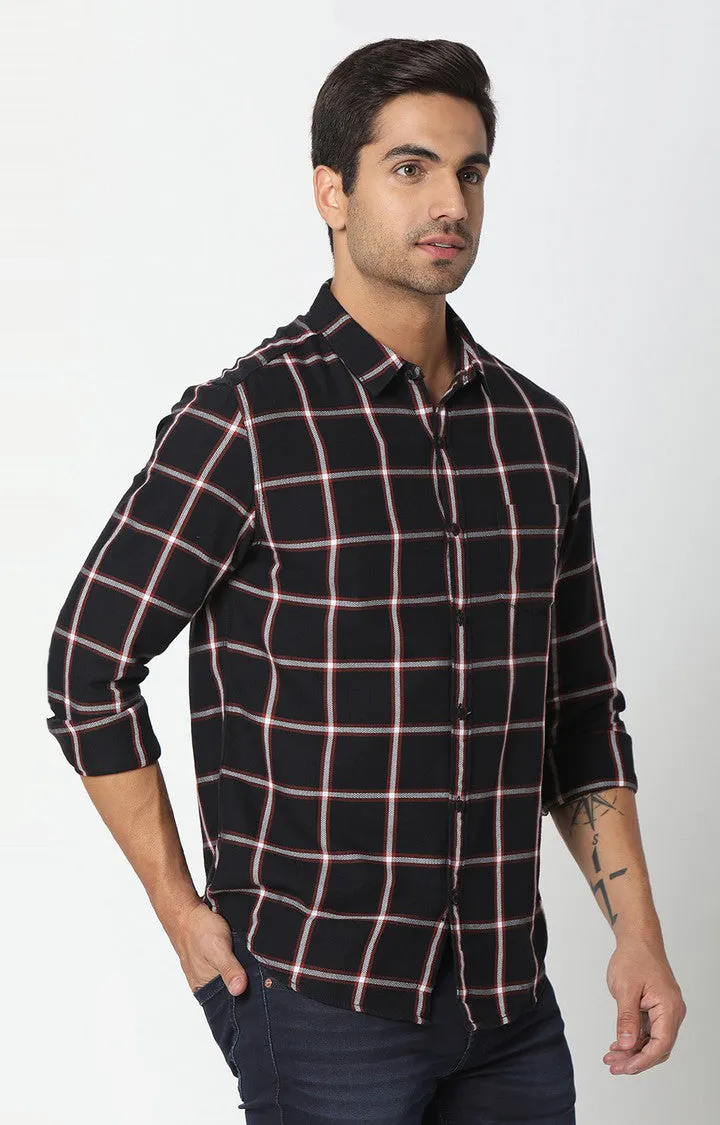 Spykar Men Black Cotton Slim Fit Checkered Shirt