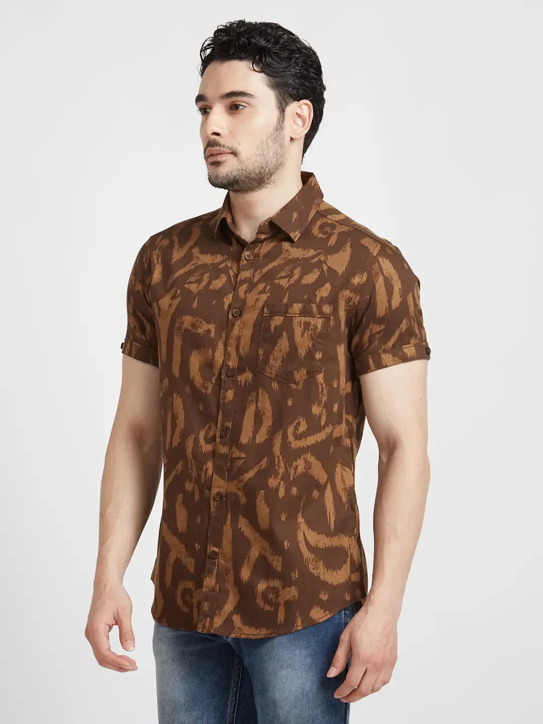 Spykar Men Brown Cotton Slim Fit Half Sleeve Printed Shirt