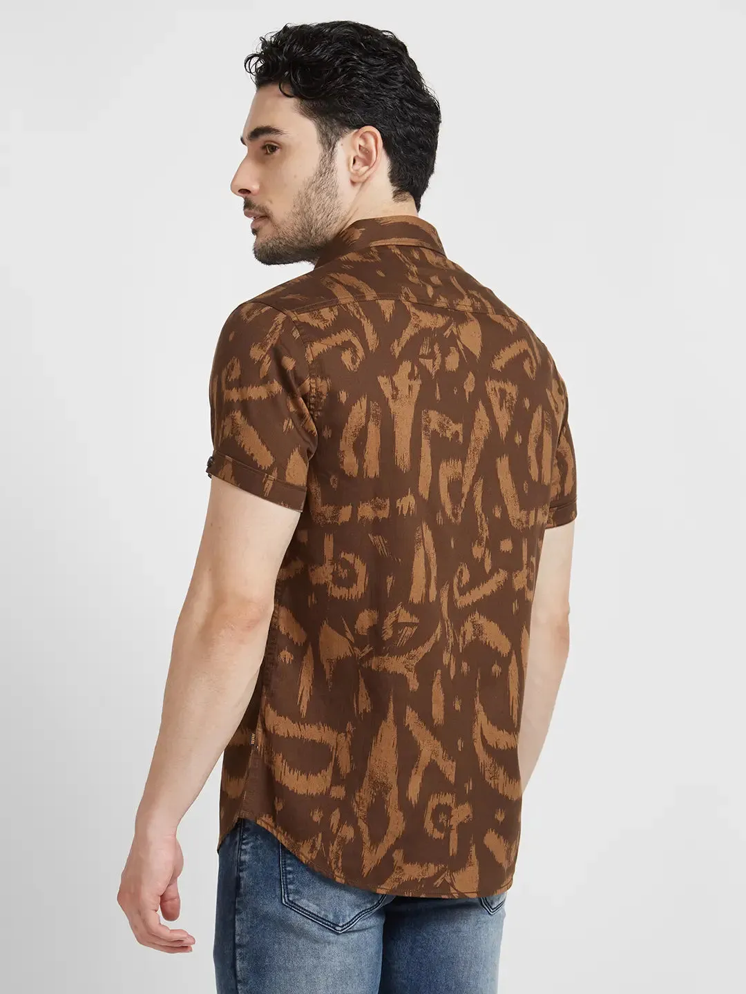 Spykar Men Brown Cotton Slim Fit Half Sleeve Printed Shirt