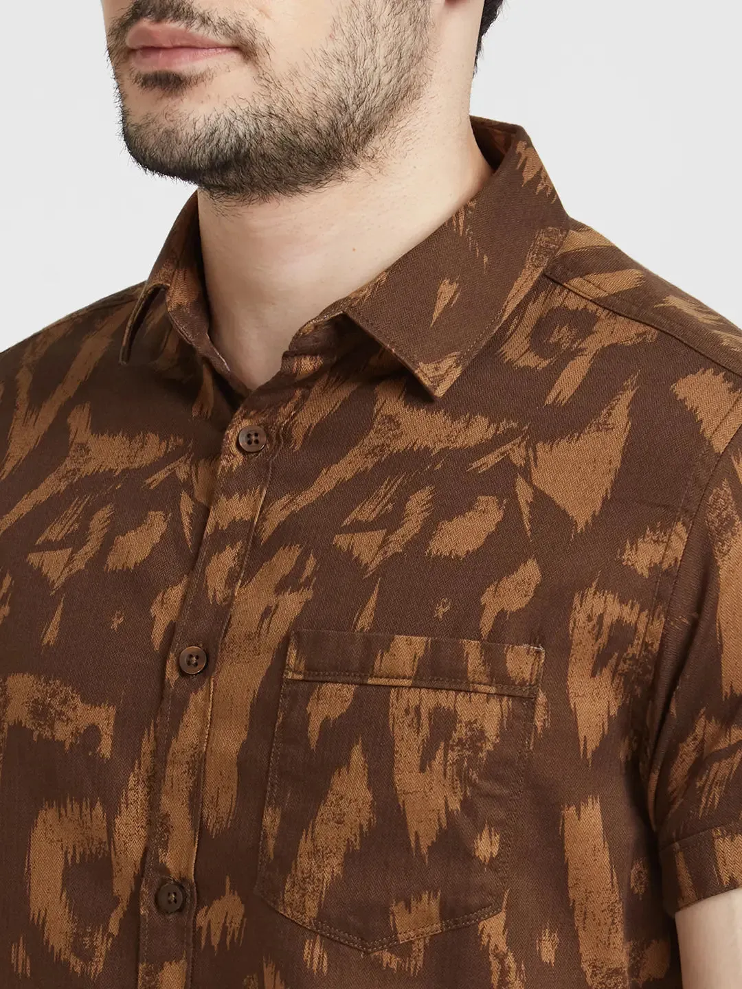 Spykar Men Brown Cotton Slim Fit Half Sleeve Printed Shirt