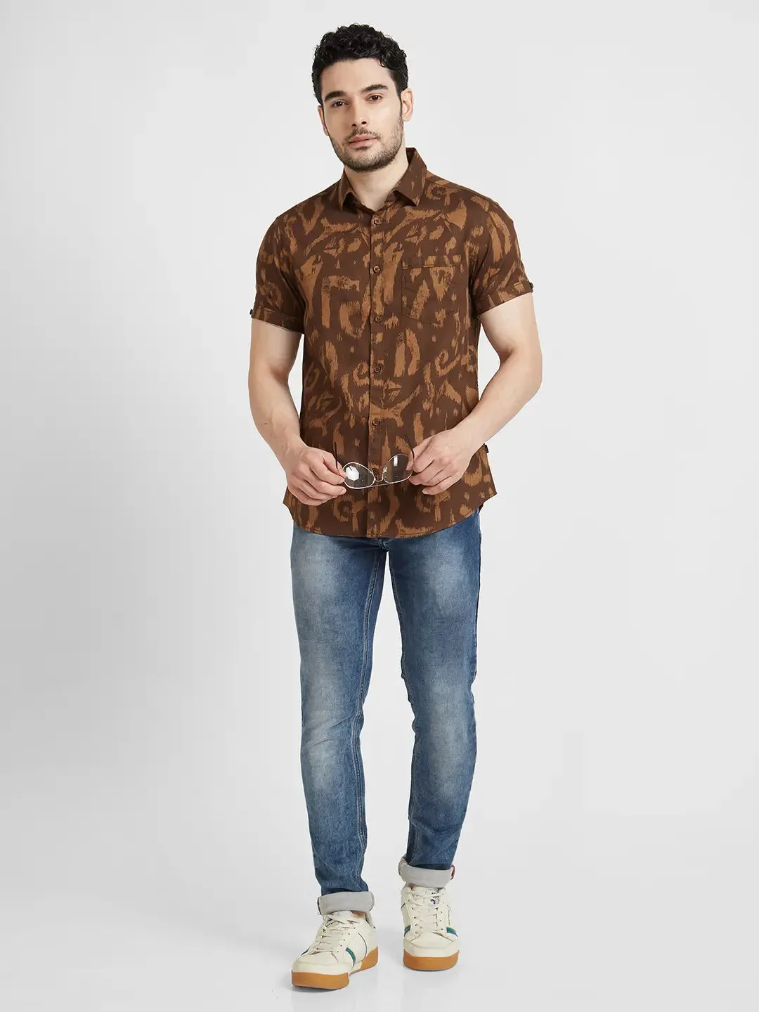 Spykar Men Brown Cotton Slim Fit Half Sleeve Printed Shirt