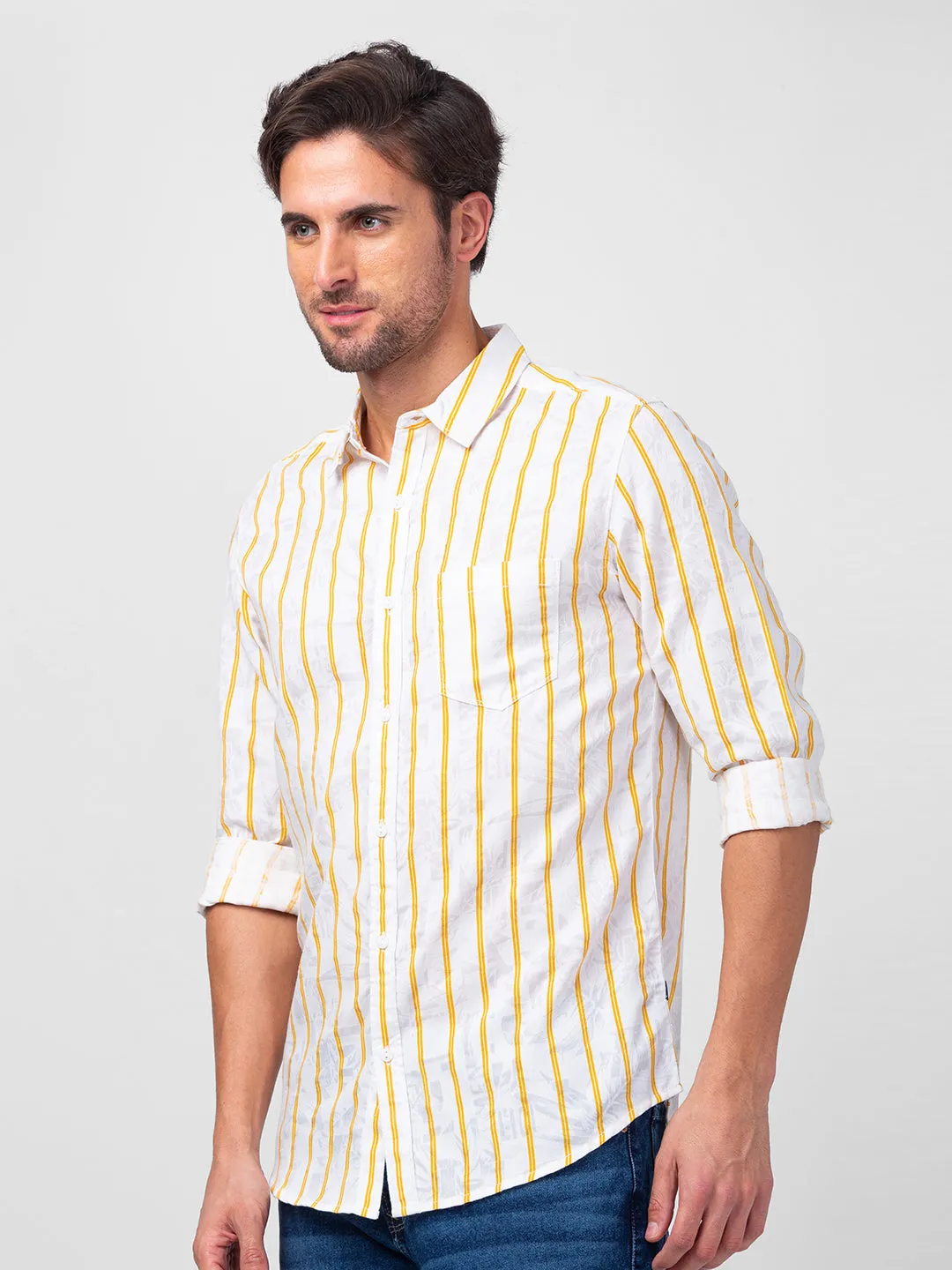 Spykar Men Chrome Yellow Cotton Slim Fit Striped Shirt