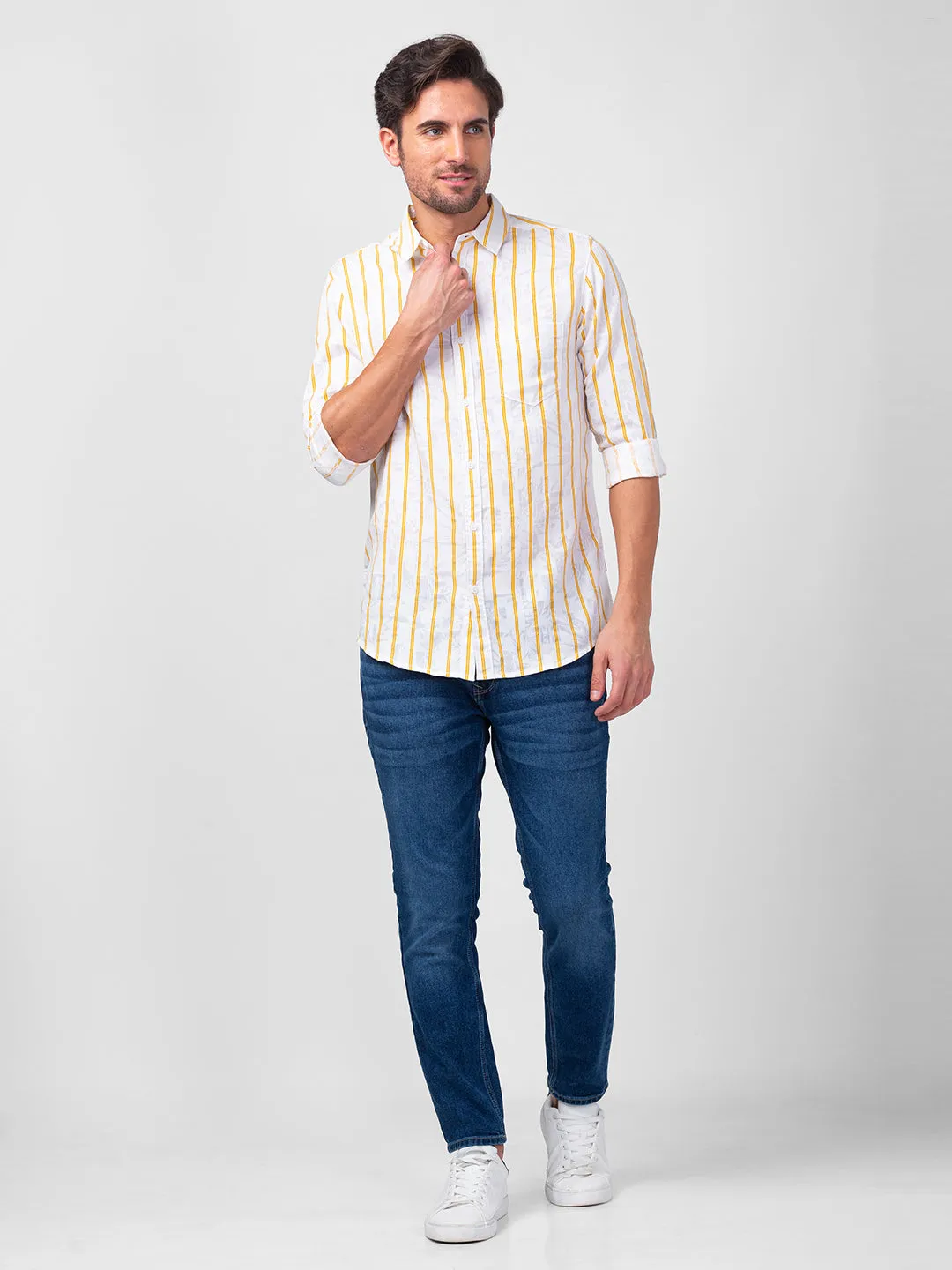 Spykar Men Chrome Yellow Cotton Slim Fit Striped Shirt