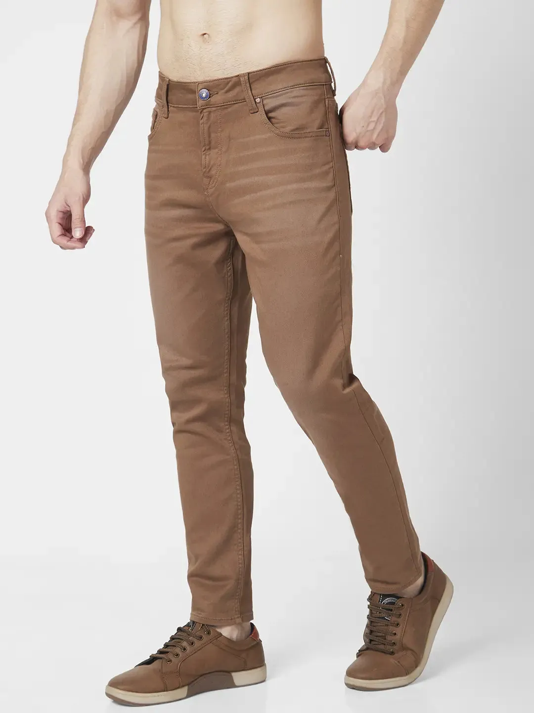 Spykar Men Coffee Brown Cotton Stretch Slim Fit Tapered Length Clean Look Mid Rise Jeans (Kano)