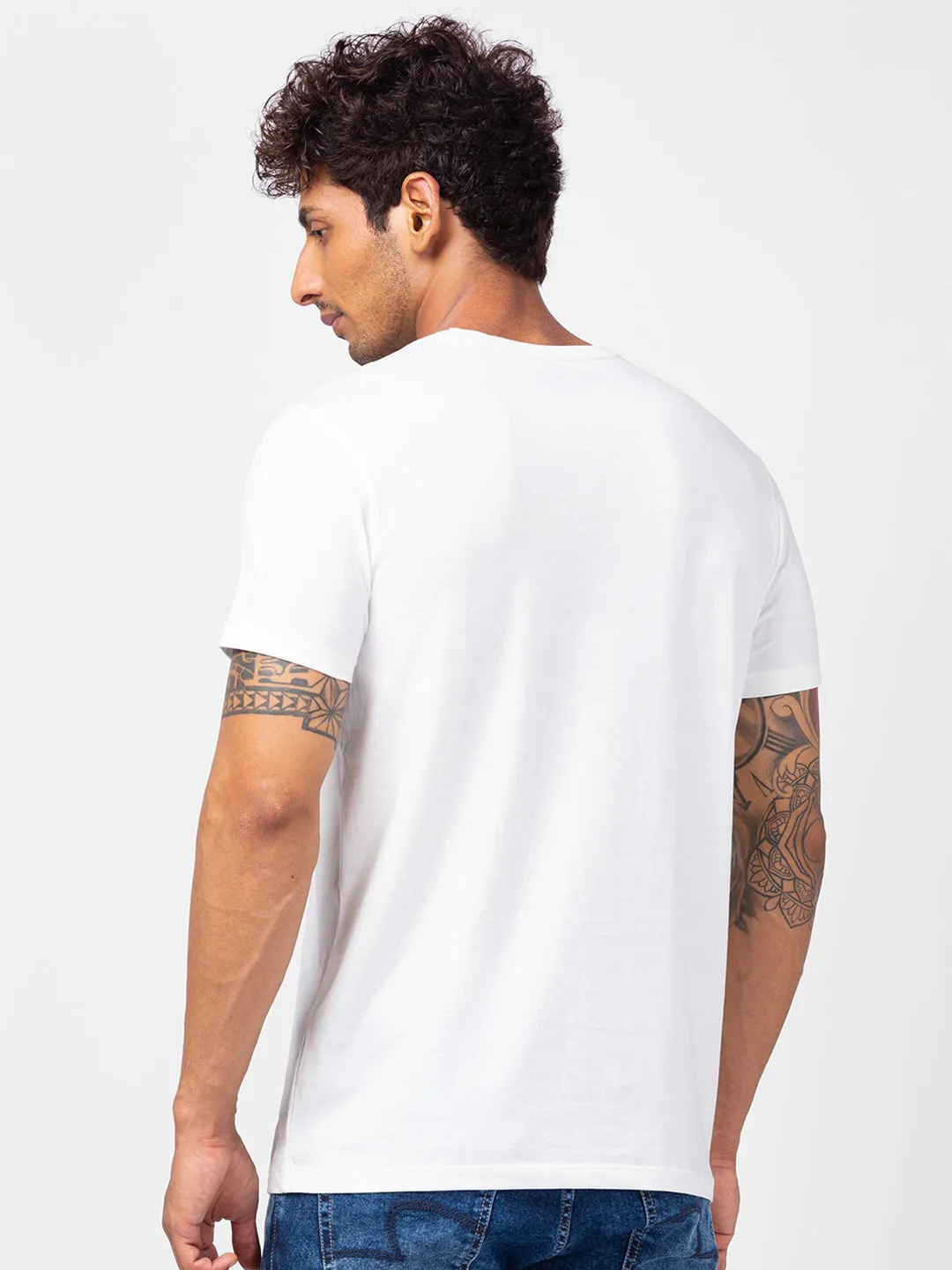 Spykar Men Ecru Cotton Slim Fit Round Neck Printed T-Shirt