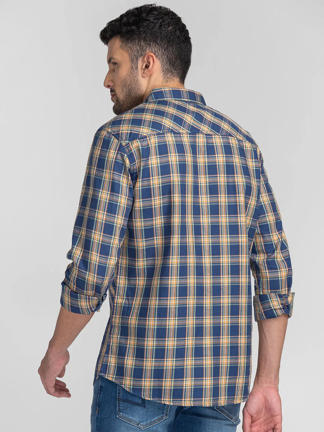 Spykar Men Indigo Blue Cotton Regular Fit Checkered Shirts