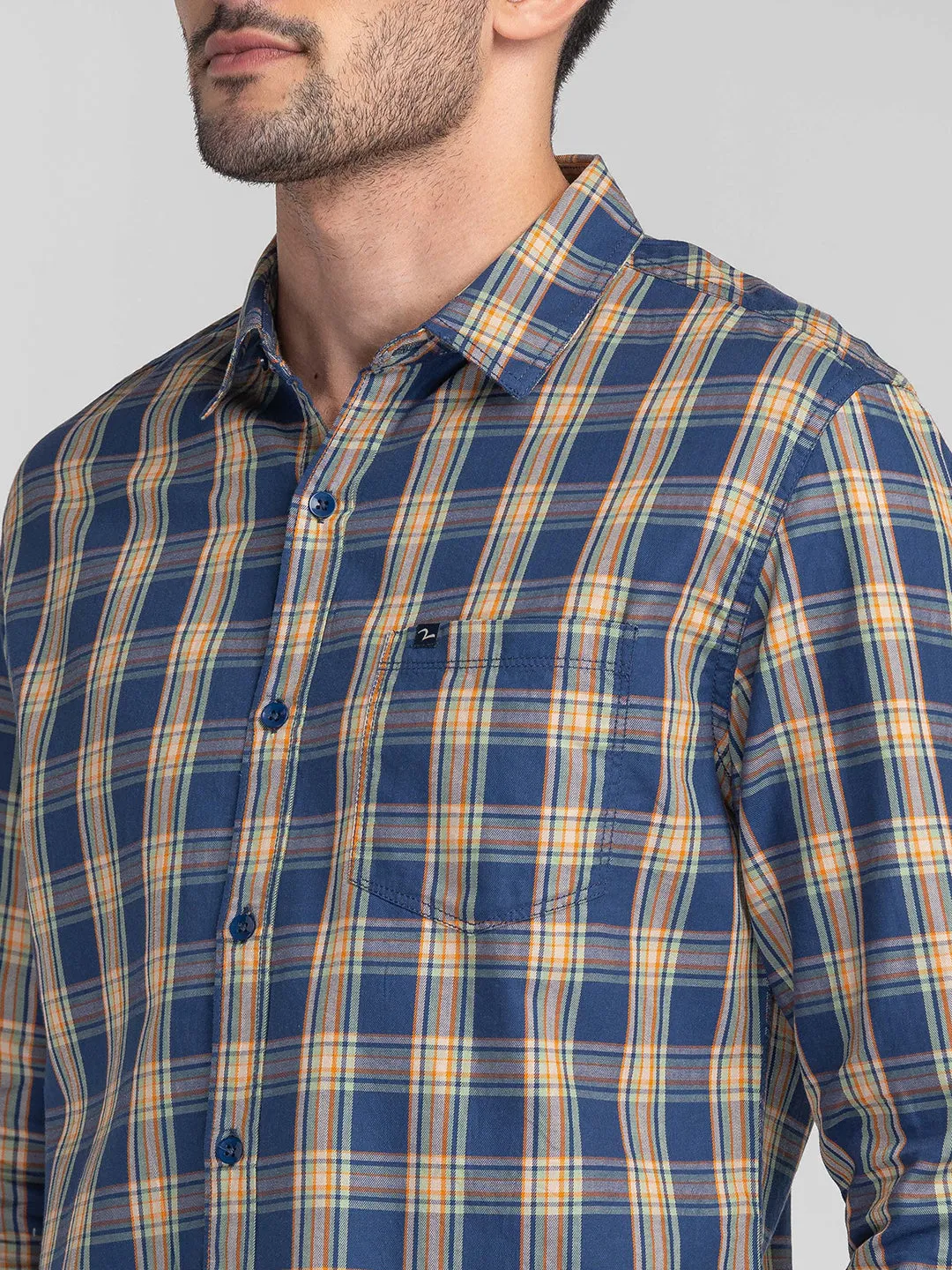 Spykar Men Indigo Blue Cotton Regular Fit Checkered Shirts