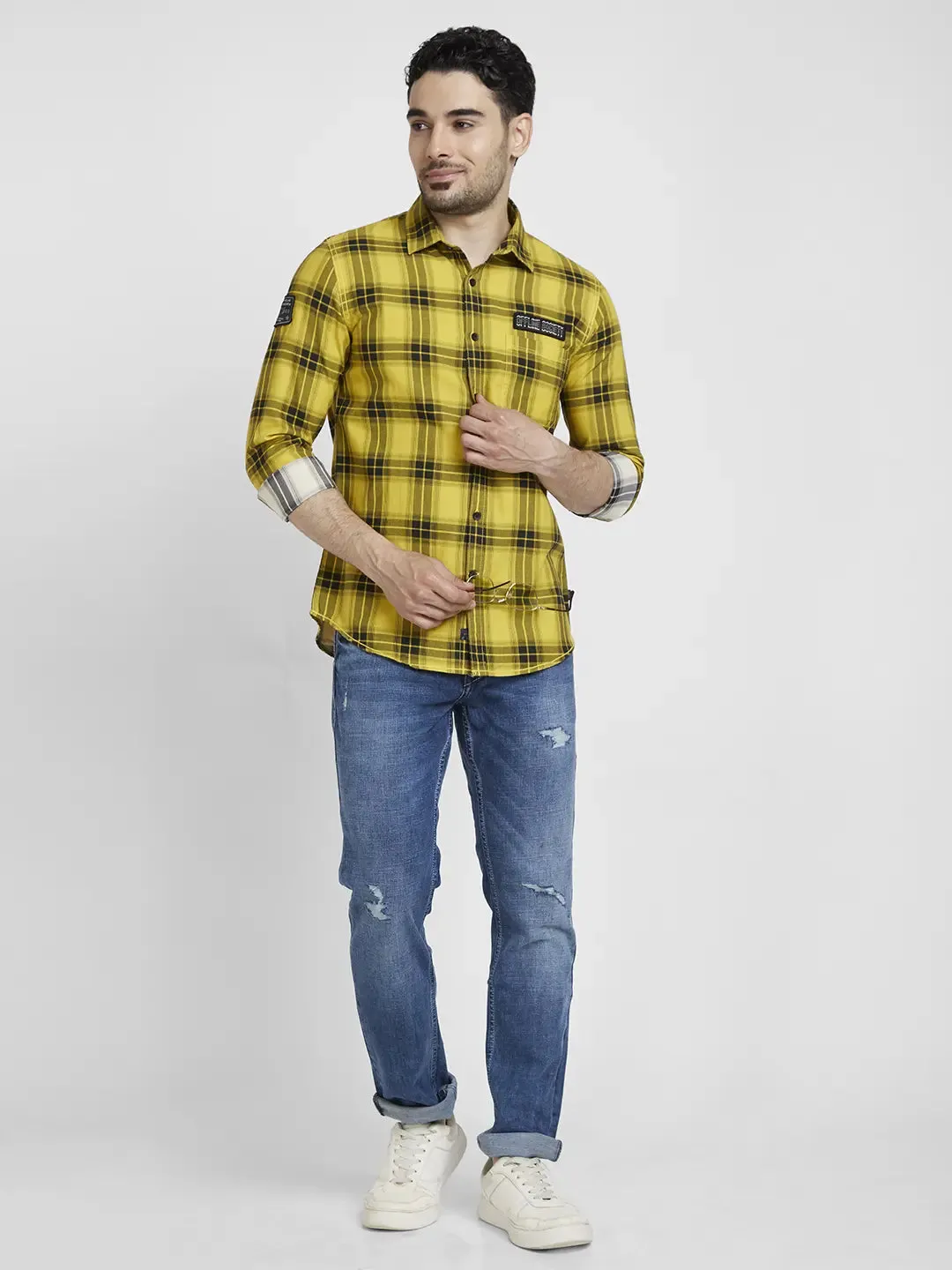 Spykar Men Sulphur Yellow Cotton Regular Slim Fit Full Sleeve Checkered Shirt