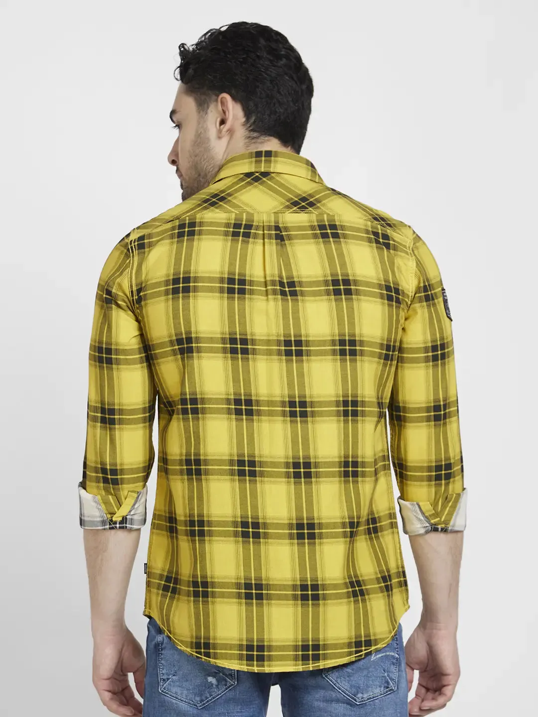 Spykar Men Sulphur Yellow Cotton Regular Slim Fit Full Sleeve Checkered Shirt