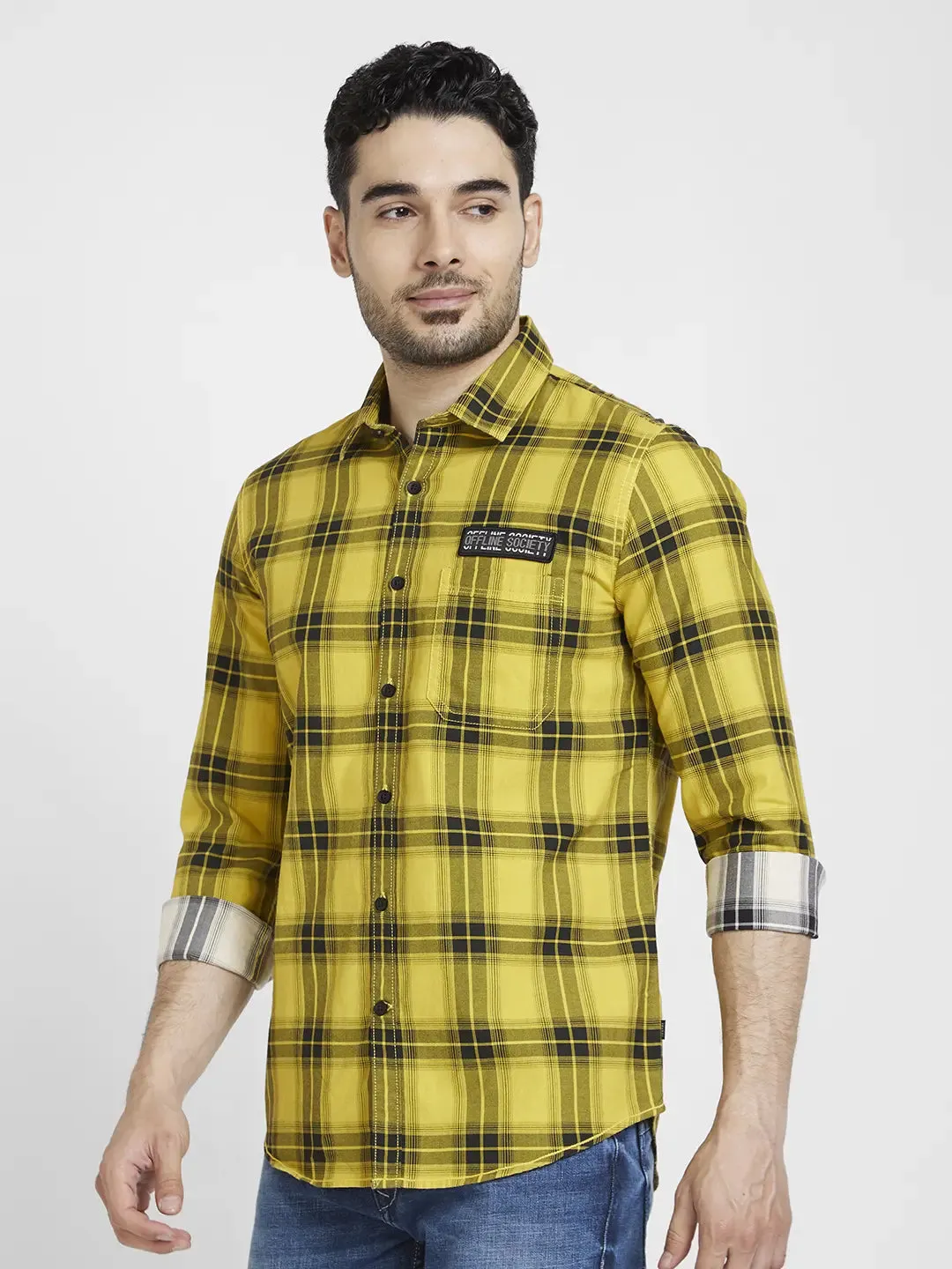 Spykar Men Sulphur Yellow Cotton Regular Slim Fit Full Sleeve Checkered Shirt