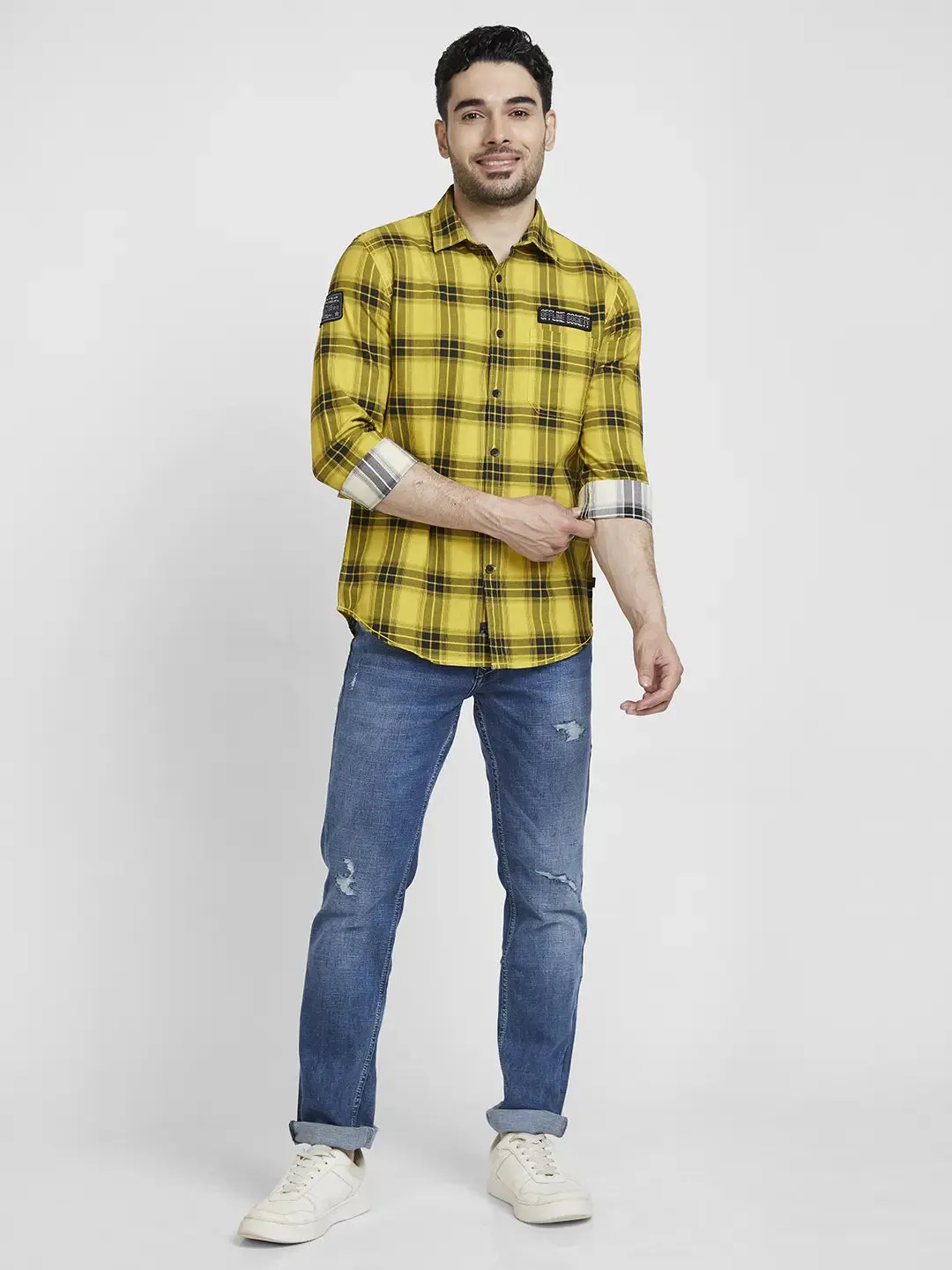 Spykar Men Sulphur Yellow Cotton Regular Slim Fit Full Sleeve Checkered Shirt