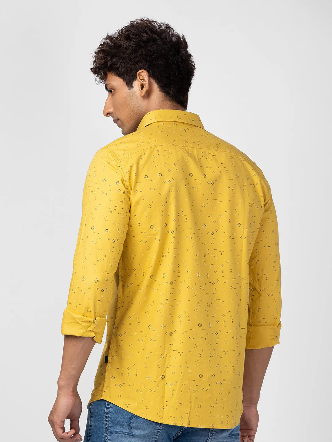 Spykar Men Sulphur Yellow Cotton Slim Fit Printed Shirt