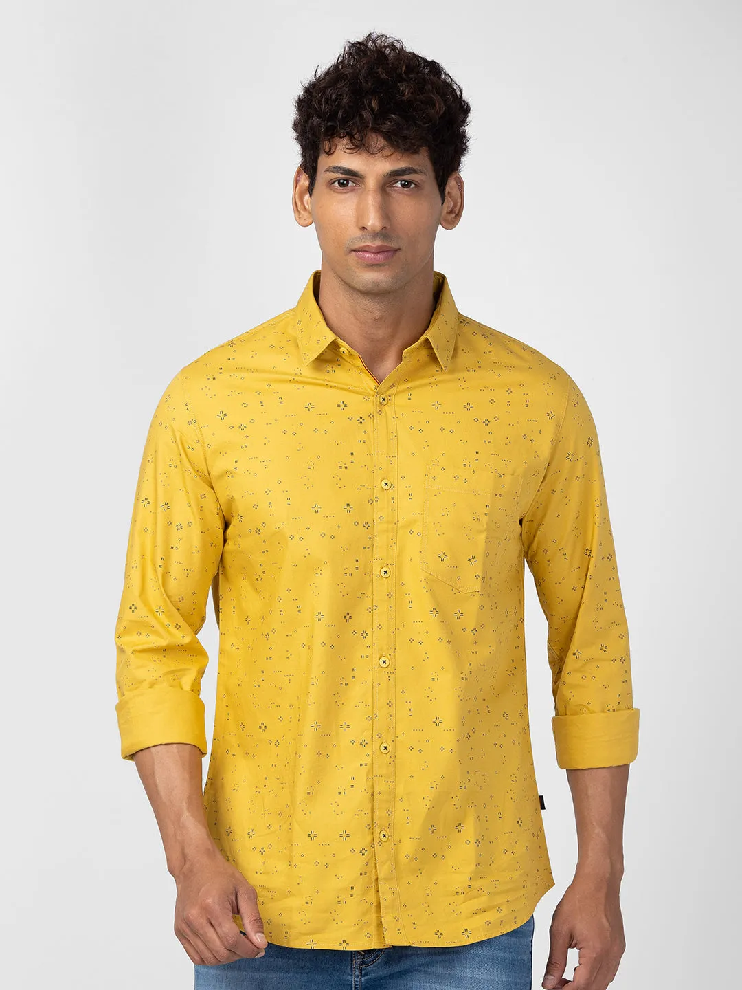 Spykar Men Sulphur Yellow Cotton Slim Fit Printed Shirt